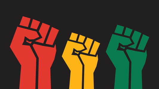 Raised fist icons in red, yellow and green for Black History Month
